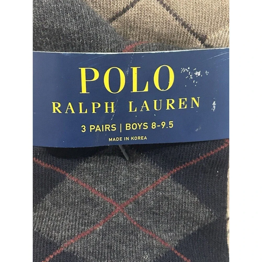 Polo Ralph Lauren Boys Trouser Socks 3 Pair Argyle Black Gray Tan Size 8 - 9.5